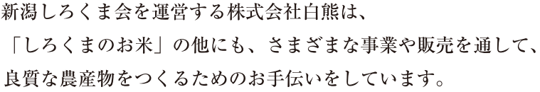 新潟しろくま会を運営する株式会社白熊は、「しろくまのお米」の他にも、さまざまな事業や販売を通して、良質な農産物をつくるためのお手伝いをしています。